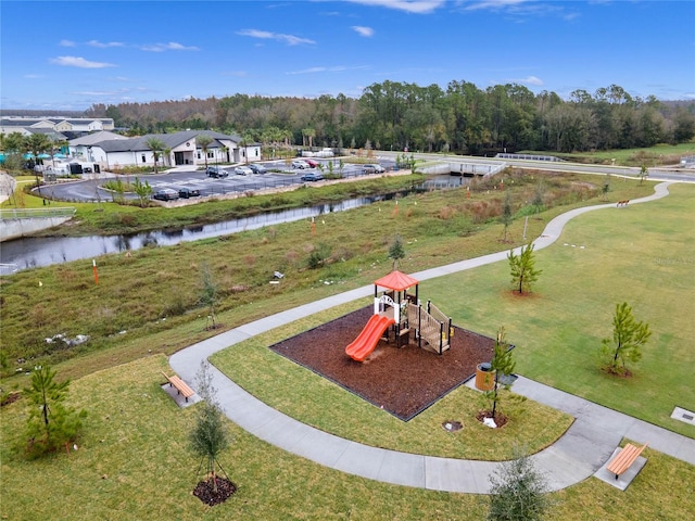 bird's eye view with a water view