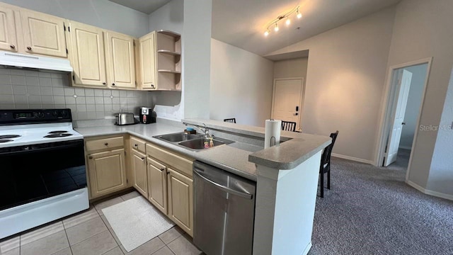 kitchen with kitchen peninsula, light carpet, stainless steel dishwasher, white range with electric stovetop, and sink