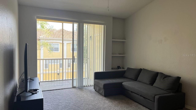 living room featuring carpet and built in features