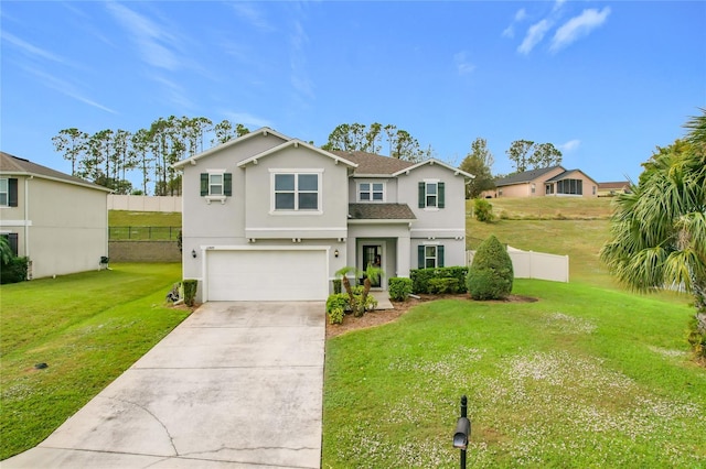 view of front property featuring a garage and a front lawn