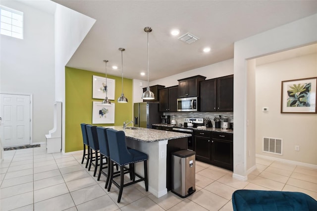 kitchen featuring decorative backsplash, appliances with stainless steel finishes, a kitchen breakfast bar, a center island with sink, and decorative light fixtures