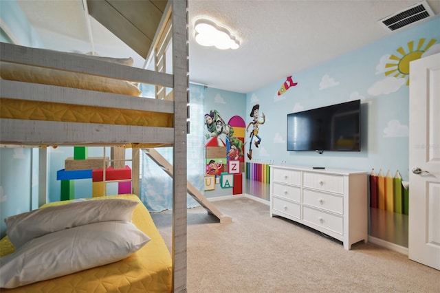 carpeted bedroom featuring lofted ceiling