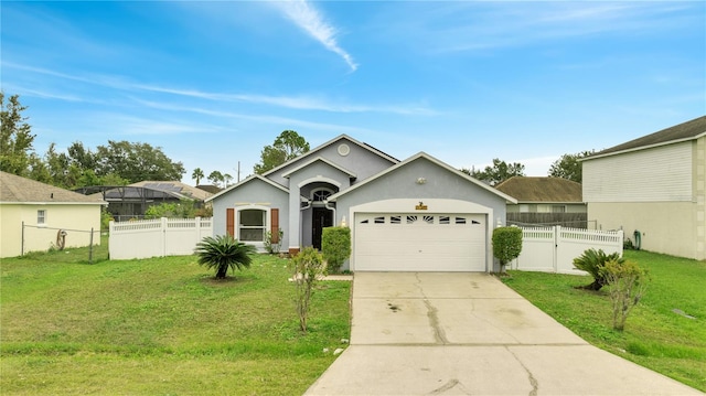 ranch-style home featuring a garage and a front yard