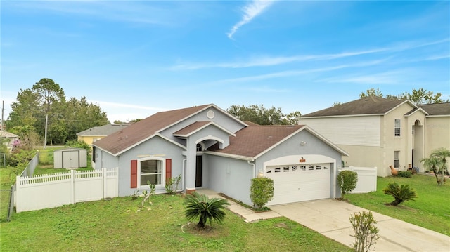 single story home featuring a garage and a front yard