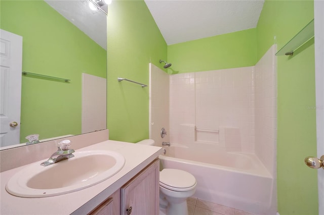 full bathroom featuring vanity, tile patterned floors, toilet, a textured ceiling, and shower / bath combination