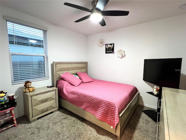 bedroom with ceiling fan and carpet floors