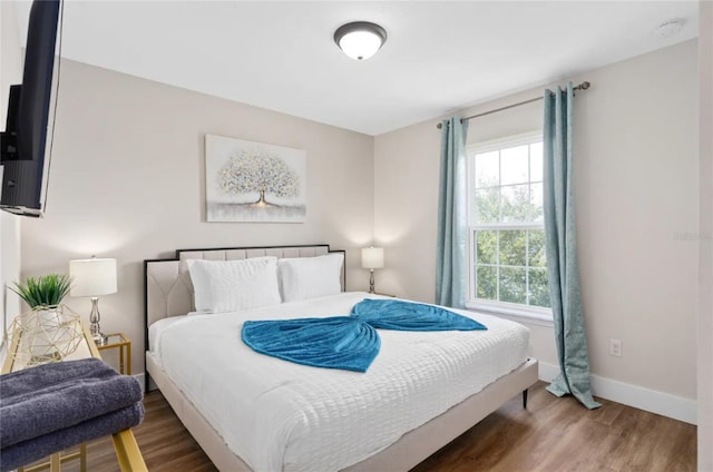 bedroom with dark hardwood / wood-style floors