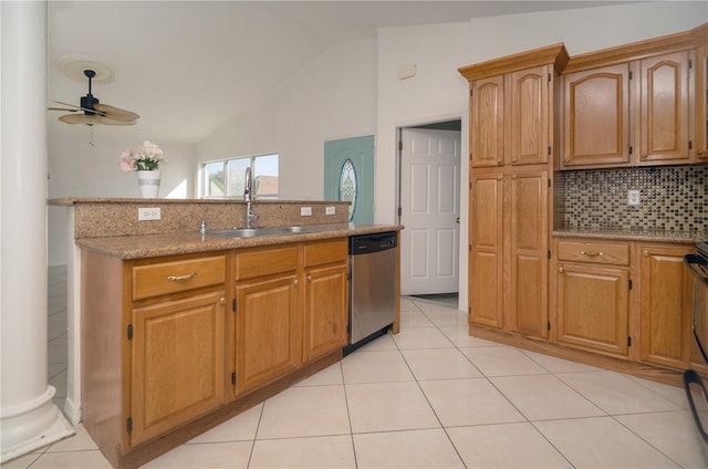 kitchen with stainless steel dishwasher, ceiling fan, light tile patterned flooring, and decorative columns