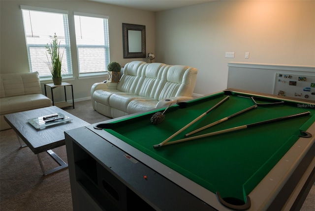 game room with carpet flooring and billiards