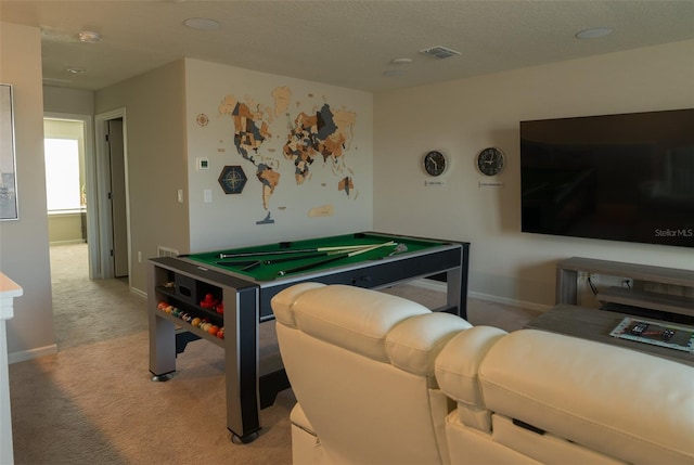 recreation room featuring light colored carpet