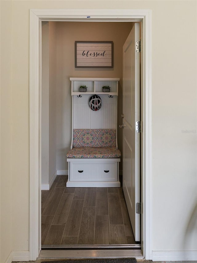 mudroom with dark hardwood / wood-style floors