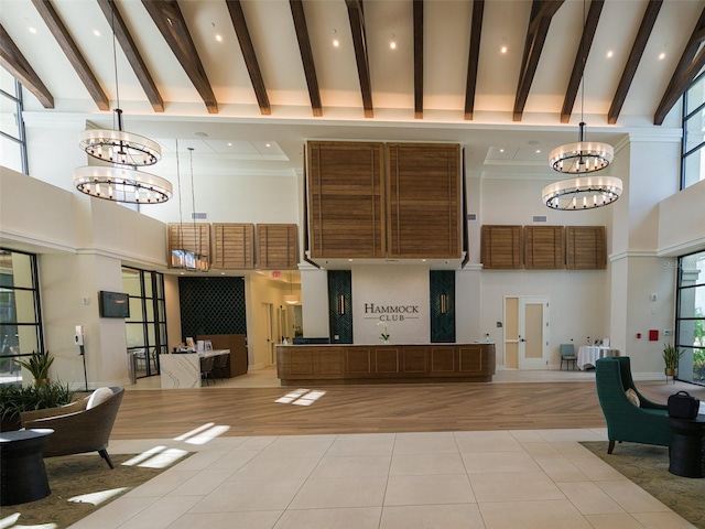 welcome area with a notable chandelier