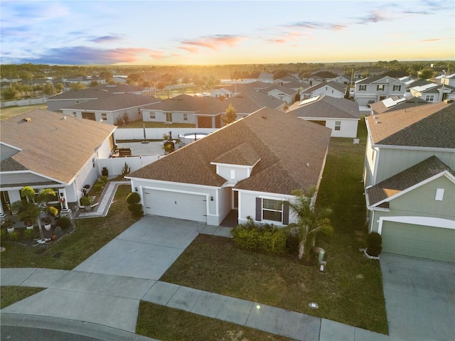 view of aerial view at dusk