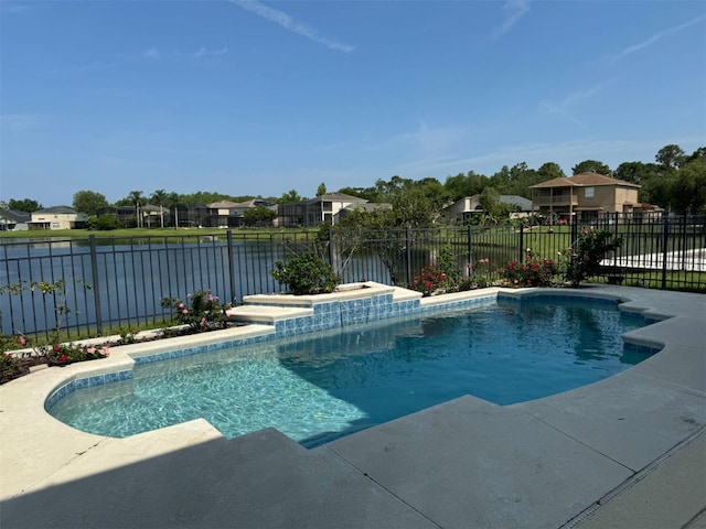 view of swimming pool with a fenced in pool, a fenced backyard, and a water view