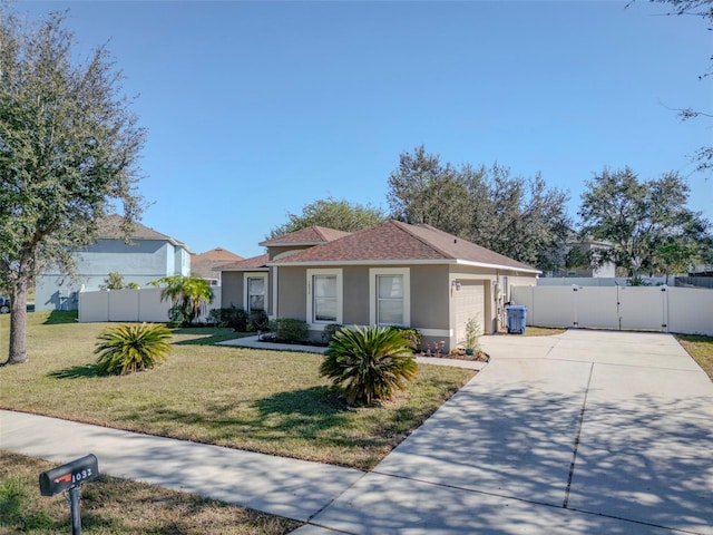 ranch-style house featuring a garage and a front yard