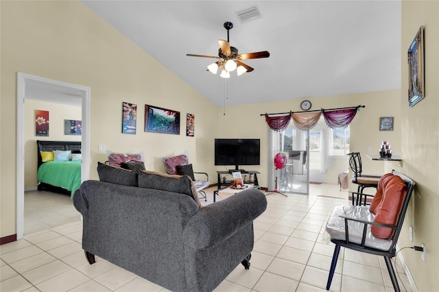 living room featuring light tile patterned floors, high vaulted ceiling, and ceiling fan