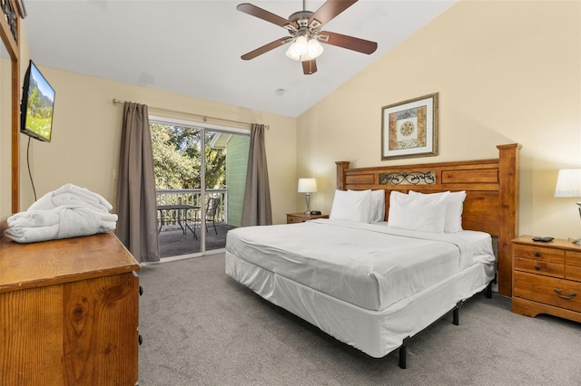 carpeted bedroom featuring ceiling fan, access to outside, and vaulted ceiling