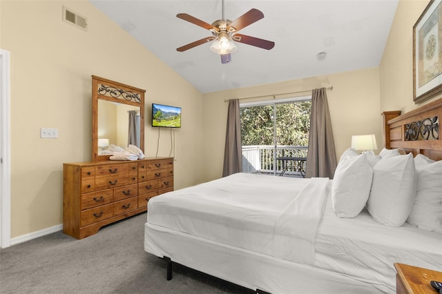 bedroom featuring light carpet, access to outside, ceiling fan, and lofted ceiling