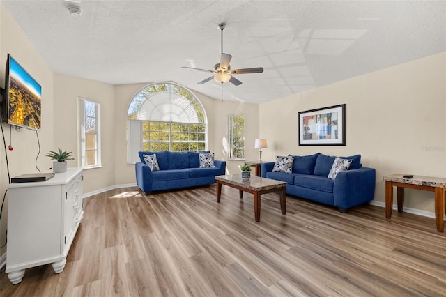 living area featuring lofted ceiling, light wood finished floors, a textured ceiling, and baseboards