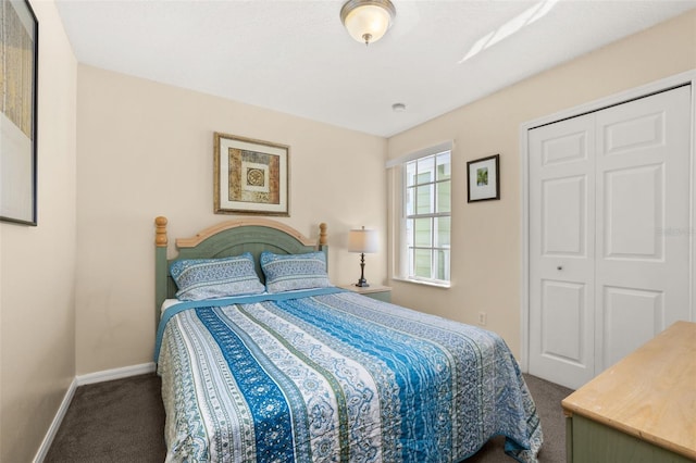 bedroom with a closet, carpet, and baseboards