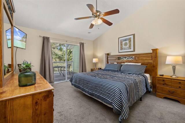 carpeted bedroom with lofted ceiling, access to outside, and a ceiling fan