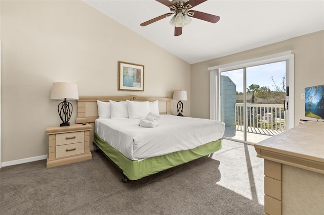 carpeted bedroom with access to exterior, ceiling fan, and lofted ceiling