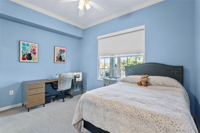 bedroom featuring light colored carpet, ceiling fan, and crown molding