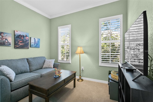 carpeted living room featuring crown molding and a healthy amount of sunlight