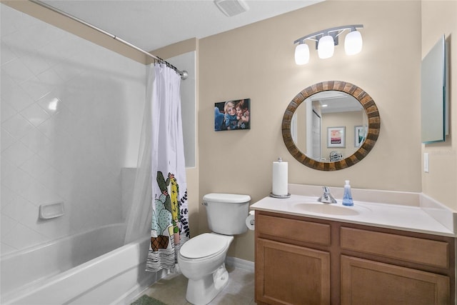 full bathroom featuring tile patterned flooring, vanity, toilet, and shower / bath combo with shower curtain