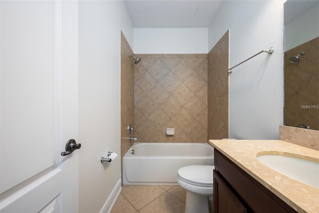 full bathroom with tile patterned flooring, a textured ceiling, toilet, vanity, and tiled shower / bath