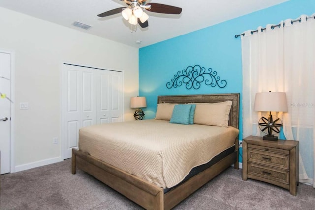 bedroom featuring carpet, a closet, and ceiling fan