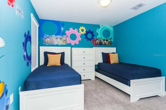 bedroom featuring light colored carpet