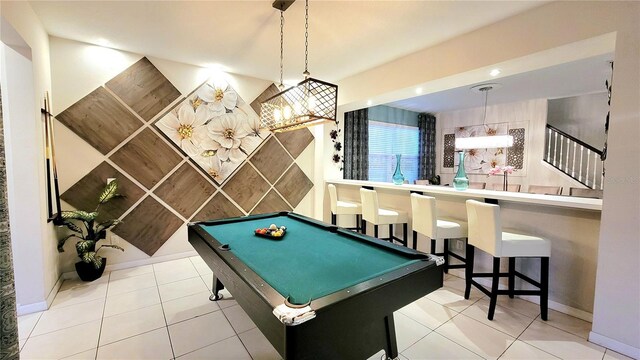 playroom featuring light tile patterned flooring, indoor bar, and billiards