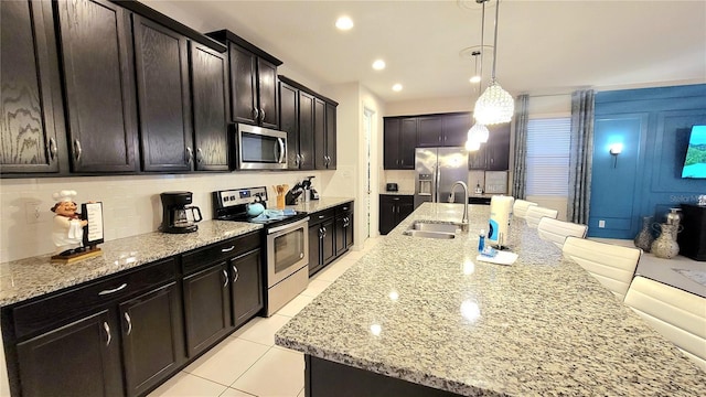 kitchen featuring appliances with stainless steel finishes, decorative light fixtures, an island with sink, decorative backsplash, and sink