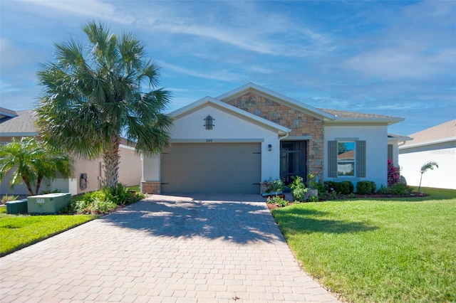 single story home with a front lawn and a garage