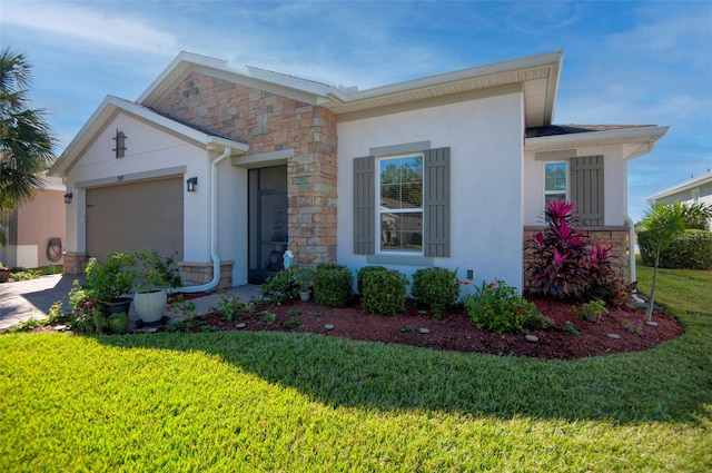 single story home with a front lawn and a garage