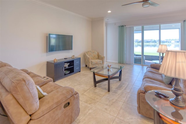 tiled living room with ceiling fan and ornamental molding