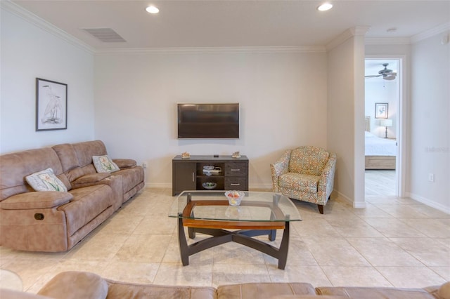 tiled living room featuring crown molding and ceiling fan