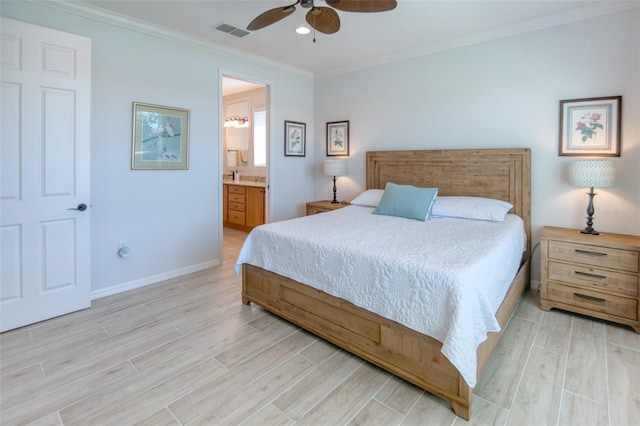 bedroom featuring ceiling fan, light hardwood / wood-style floors, crown molding, and connected bathroom