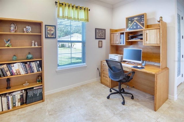 tiled office featuring ornamental molding