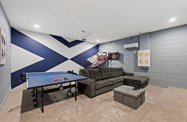 interior space featuring light colored carpet and a wall unit AC