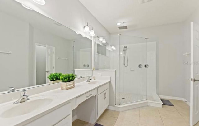 bathroom with tile patterned flooring, vanity, and a shower with shower door