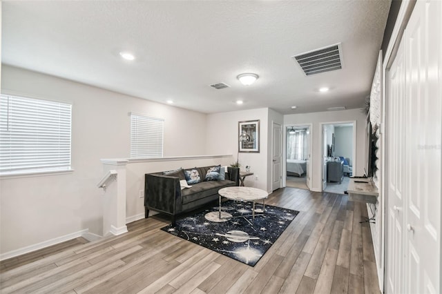 living room with a textured ceiling, light hardwood / wood-style floors, and plenty of natural light