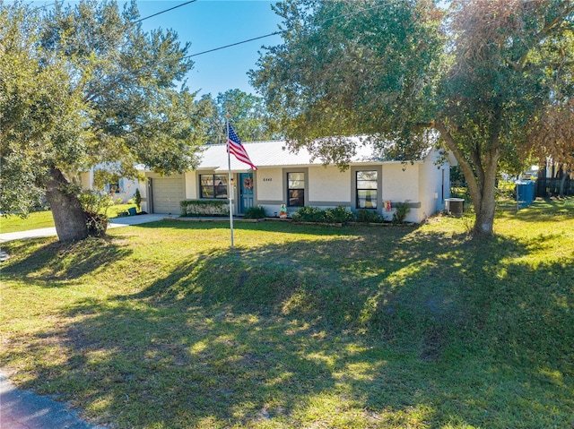 ranch-style house with central AC and a front lawn