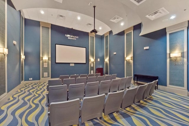 home theater featuring carpet