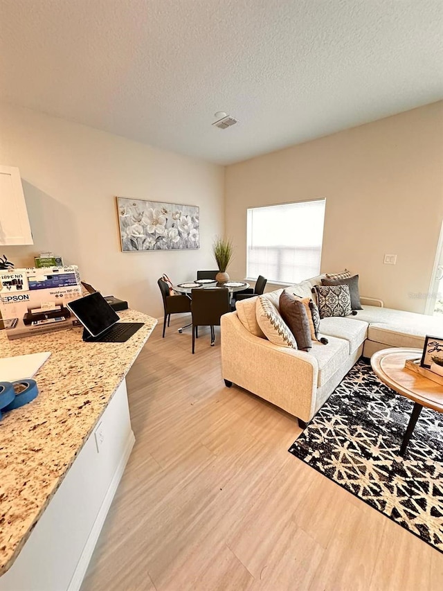 living room featuring a textured ceiling and light hardwood / wood-style flooring