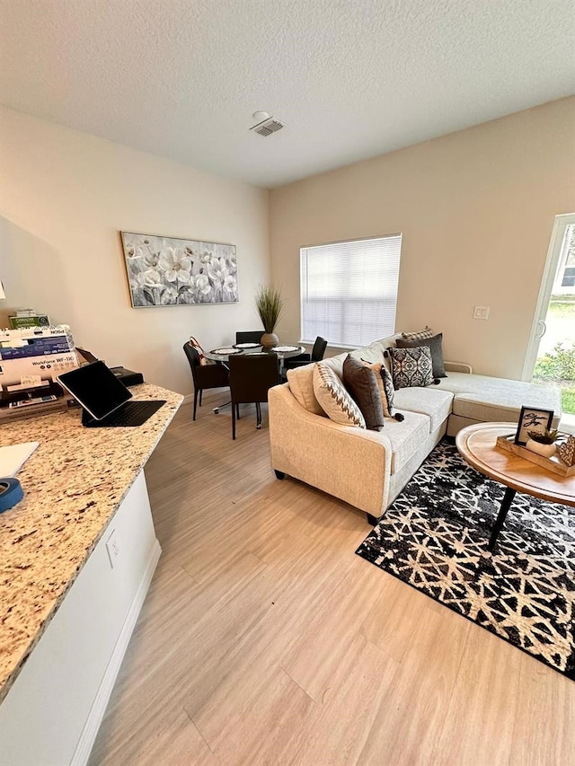 living room featuring a textured ceiling and light hardwood / wood-style flooring