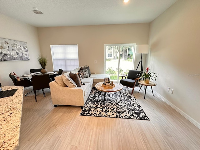 living room with light hardwood / wood-style floors and a textured ceiling