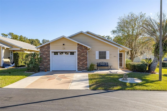 5846 Greenbriar Ct, Zephyrhills, FL 33542 - ranch-style home with brick siding, a garage, a front yard, and concrete driveway