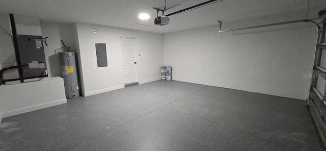 1030 Darlington Ct, Kissimmee, FL 34758 - garage with electric water heater, electric panel, a garage door opener, concrete block wall, and heating unit